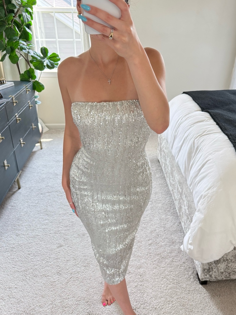 Strapless Sequin Cocktail Dress in Silver